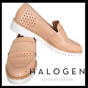 Nordstroms Halogen Emily Tan Leather Perforated Design White Sole Loafer (7.5M)